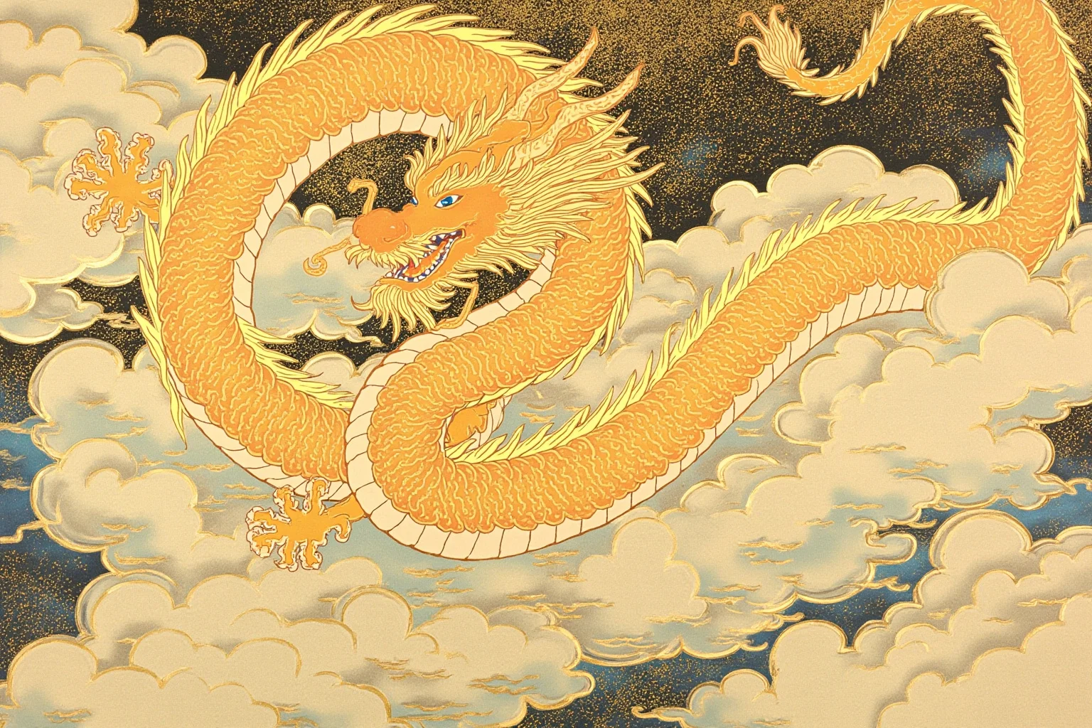 Famous Dragons Throughout History: Myths, Legends, and the Real Stories Behind Them 17 An ornate Chinese imperial-style illustration of a long golden dragon winding through clouds
