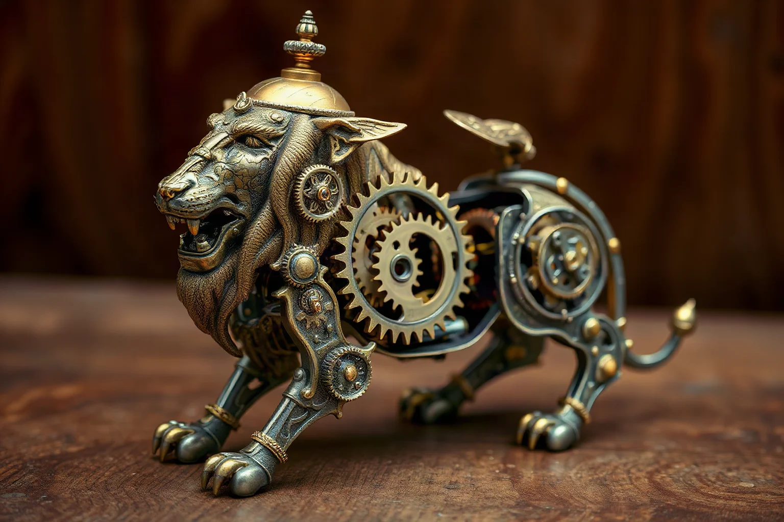An ornate clockwork mechanical lion automaton with visible gears in its open chest
