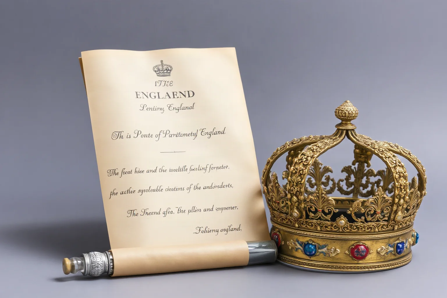 An ornate crown resting beside a sealed parliamentary document, symbolizing 17th-century England