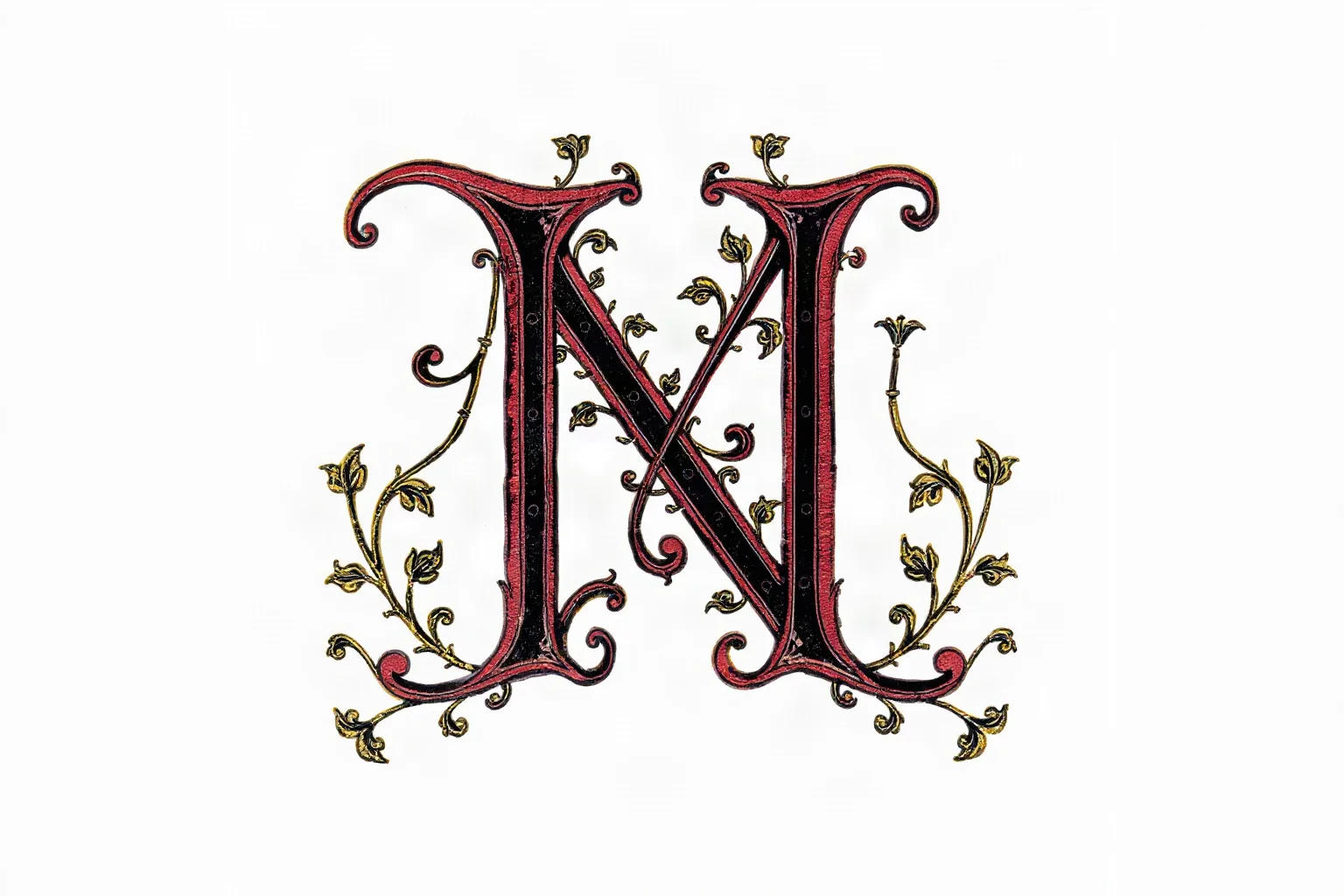 An ornate Elizabethan-style illuminated letter M with decorative vines, representing the interjection 'Marry'