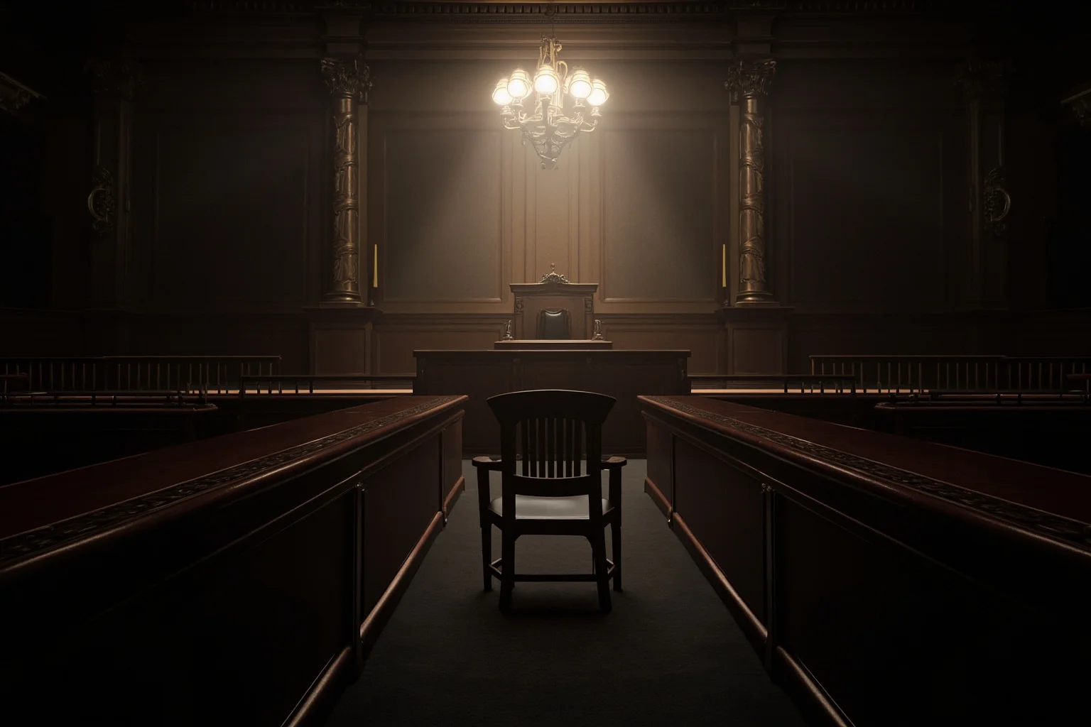 25 Disturbing Last Words By Notorious Criminals 25 An ornate empty courtroom with a judge's bench, dramatic spotlight on an empty defendant's chair, tense atmosphere