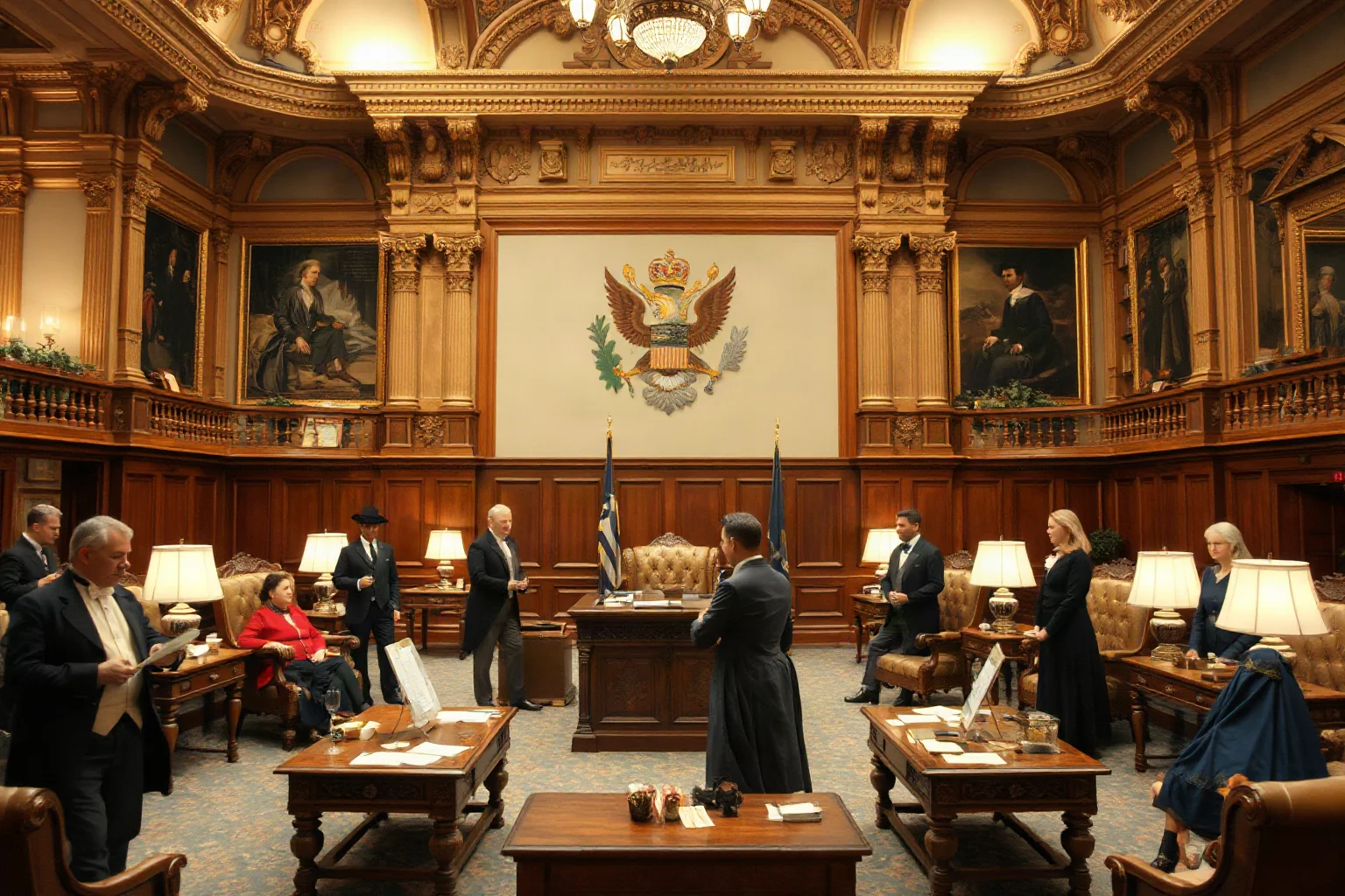 An ornate government building interior with period furniture and multiple political figures in 19th-century clothing discussing strategy