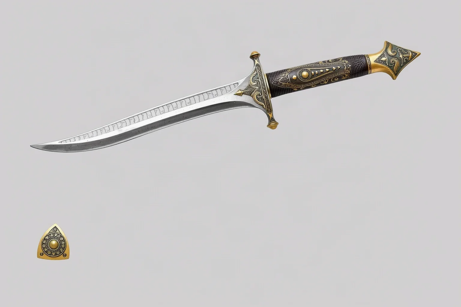 An ornate Indian katar push dagger with a horizontal grip, museum-style illustration