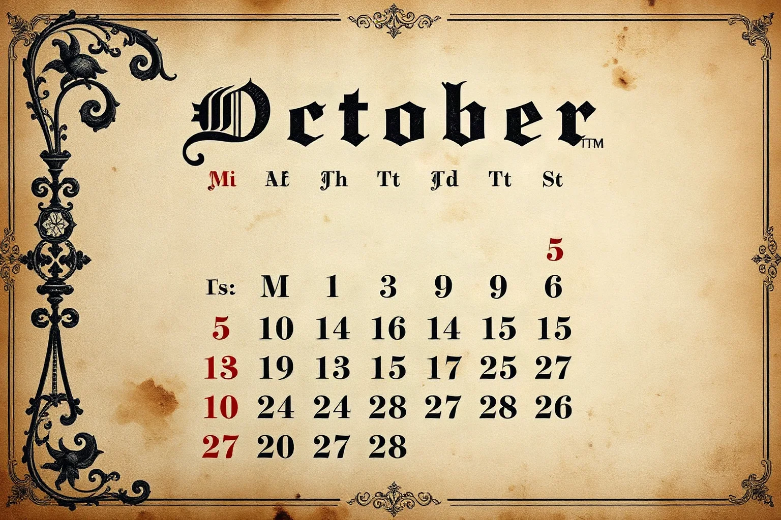 An ornate old calendar page showing October with a visible jump in dates, aged parchment texture