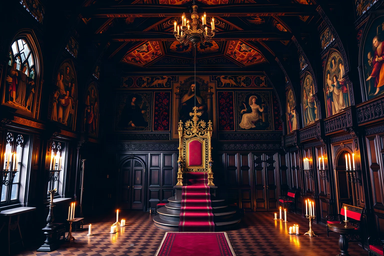 An ornate royal Elizabethan court hall with tapestries, candles, and a raised throne dais