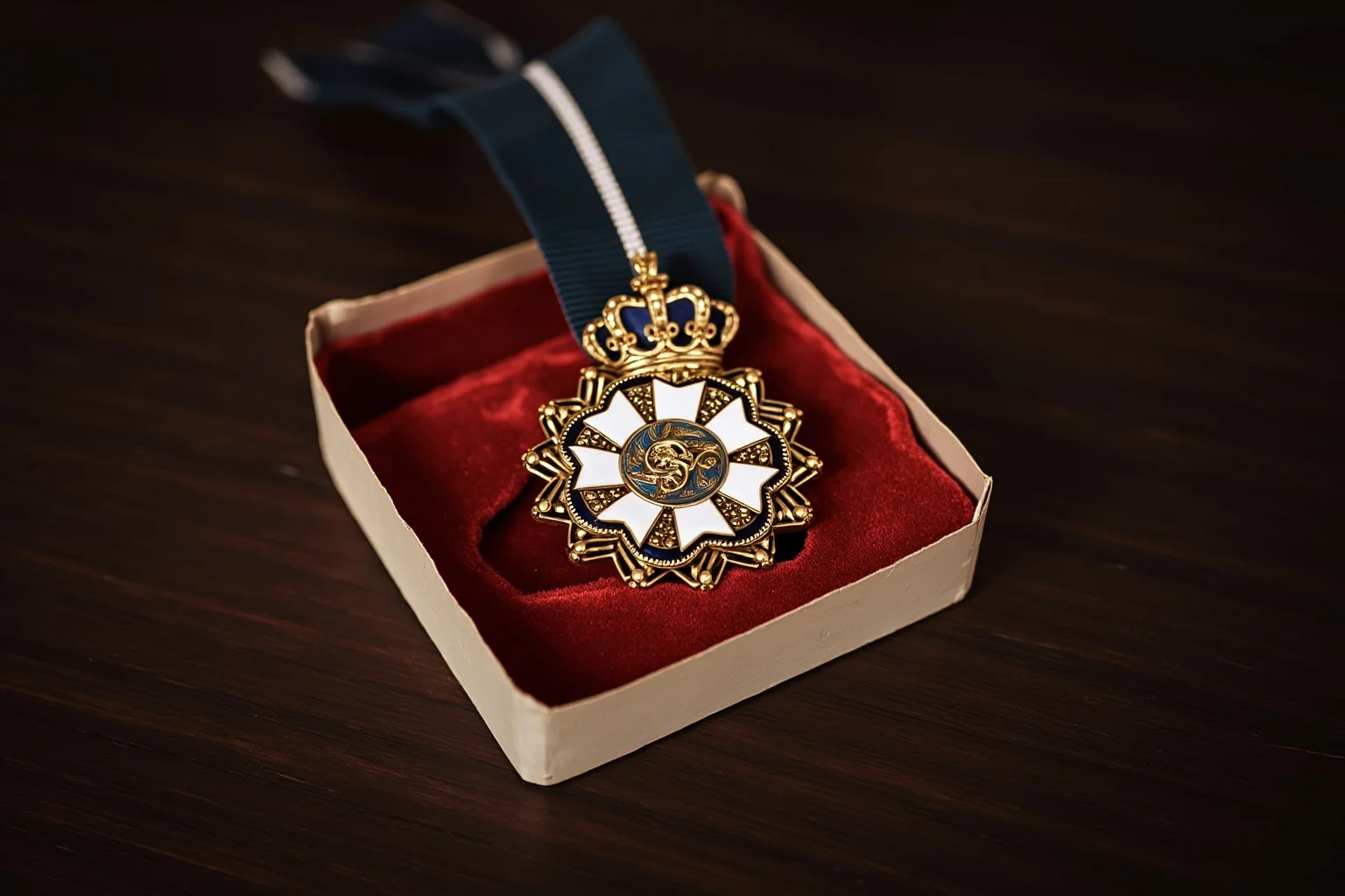 Incredible Facts About the Beatles' Greatest Band History 15 An ornate royal medal or honor badge resting on a velvet cushion, formal presentation style