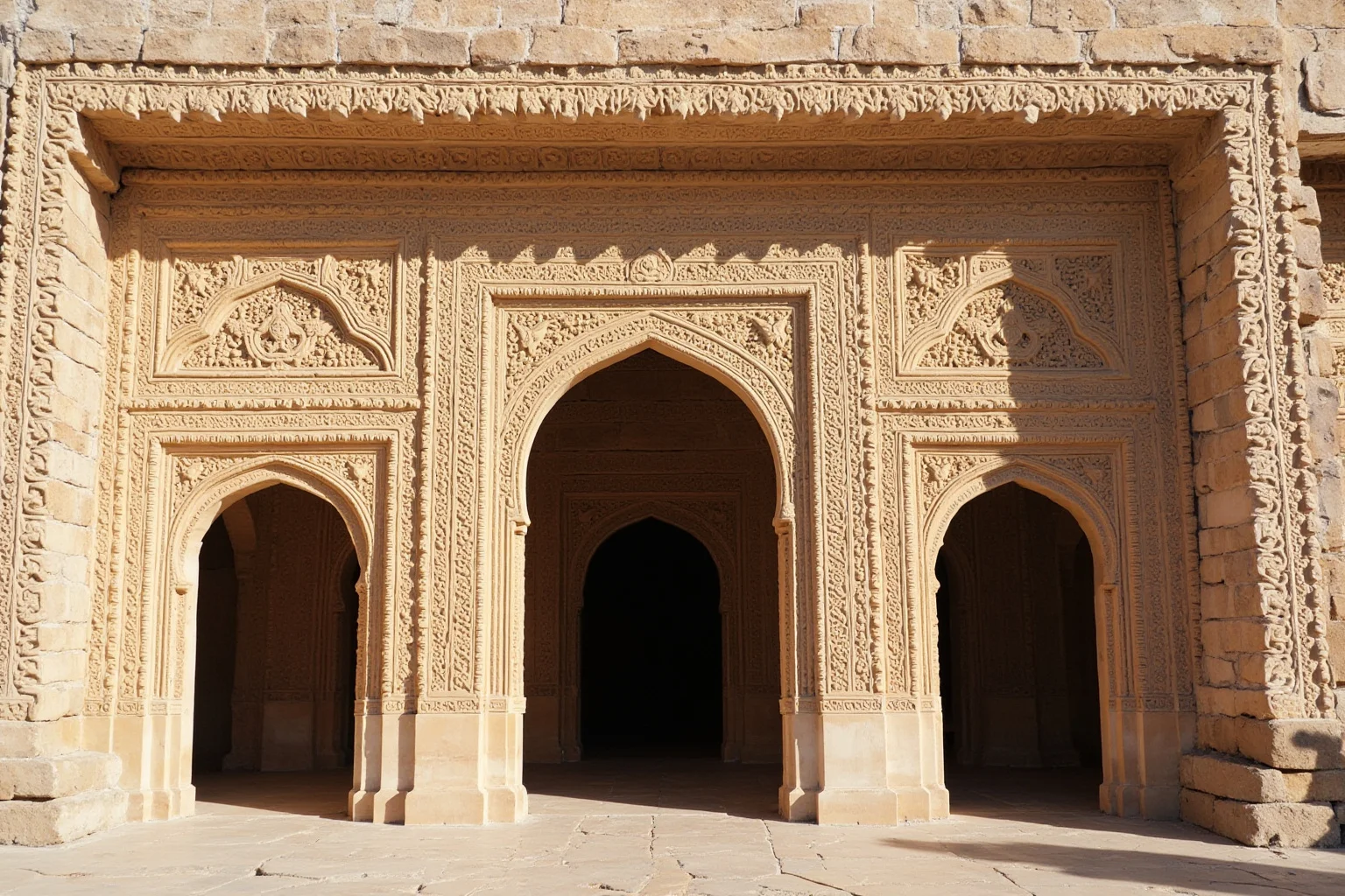 25 Captivating Facts About the Persian Empire 21 An ornate Sasanian-era palace facade with intricate stone carvings and grand arched doorways