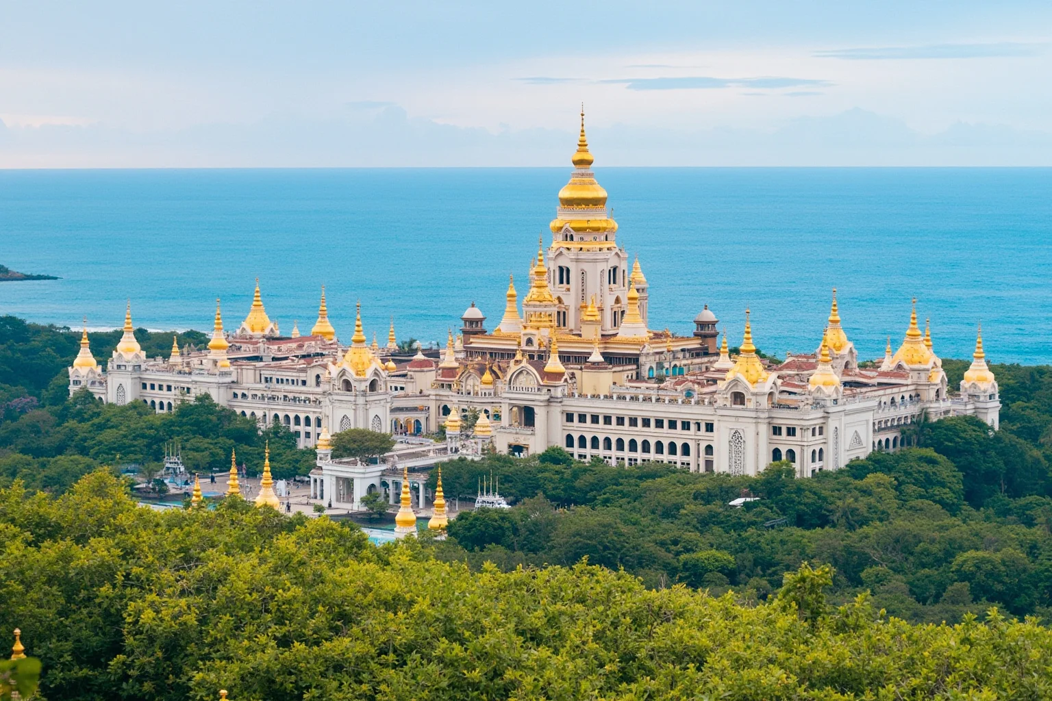 An ornate Southeast Asian sultanate palace with golden domes near the coastline, representing the Sultanate of Brunei