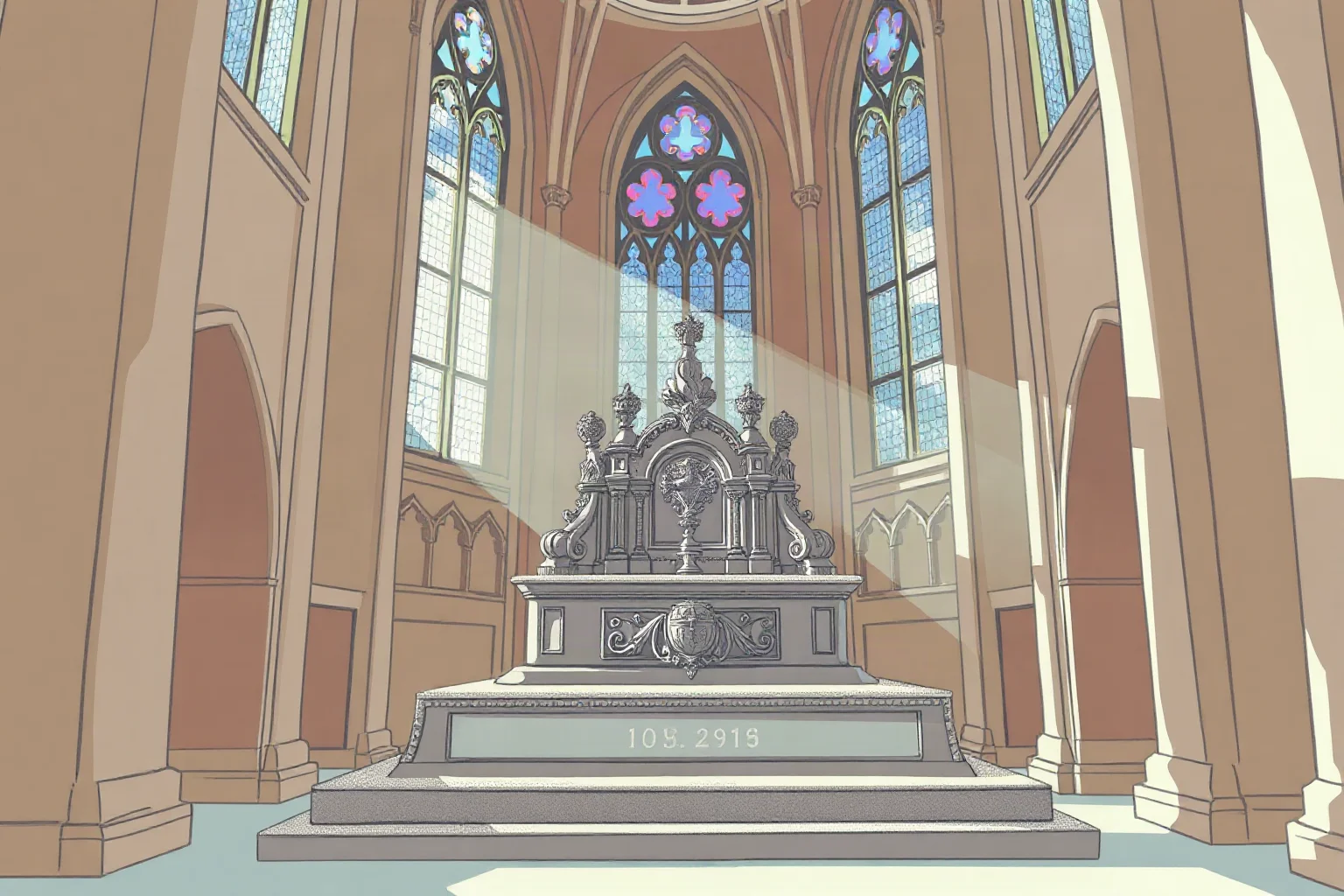 An ornate stone tomb monument inside a grand cathedral interior, soft light through stained glass, illustration style