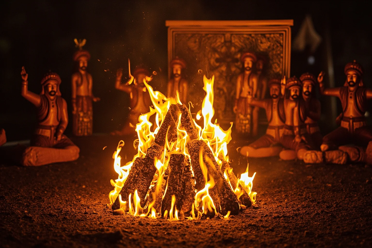 An ornate traditional Indian funeral pyre setting rendered respectfully as a historical illustration, no figures