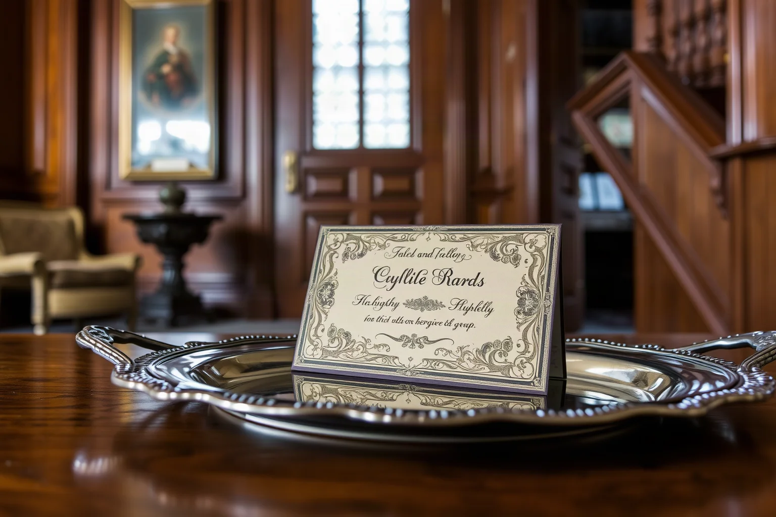 An ornate Victorian calling card resting on a silver tray in a wood-paneled entrance hall