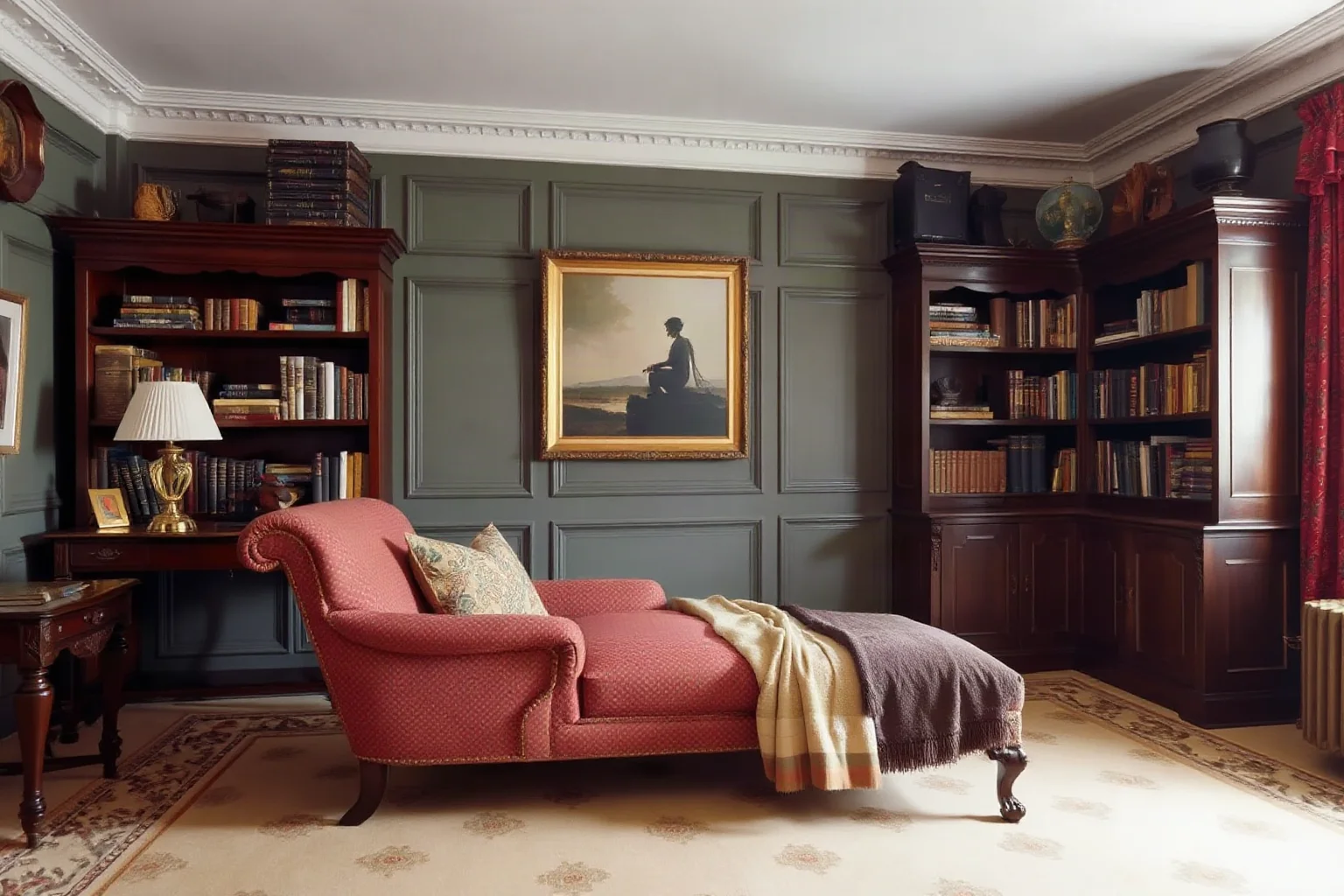 An ornate Victorian drawing room with a chaise lounge and bookshelf, evoking 1890s literary Dublin