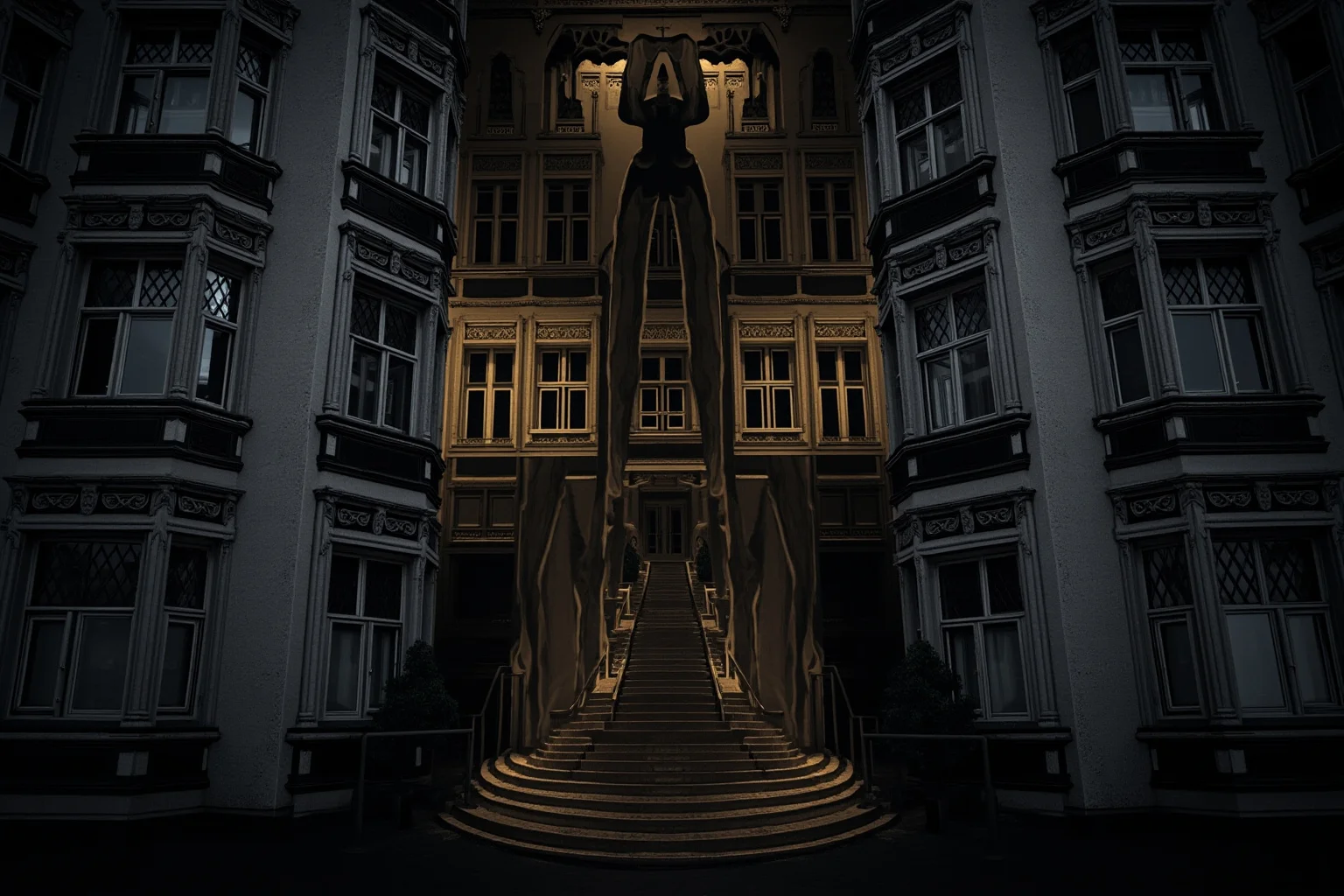 An ornate Victorian hotel exterior with a hidden, maze-like interior suggested through shadows