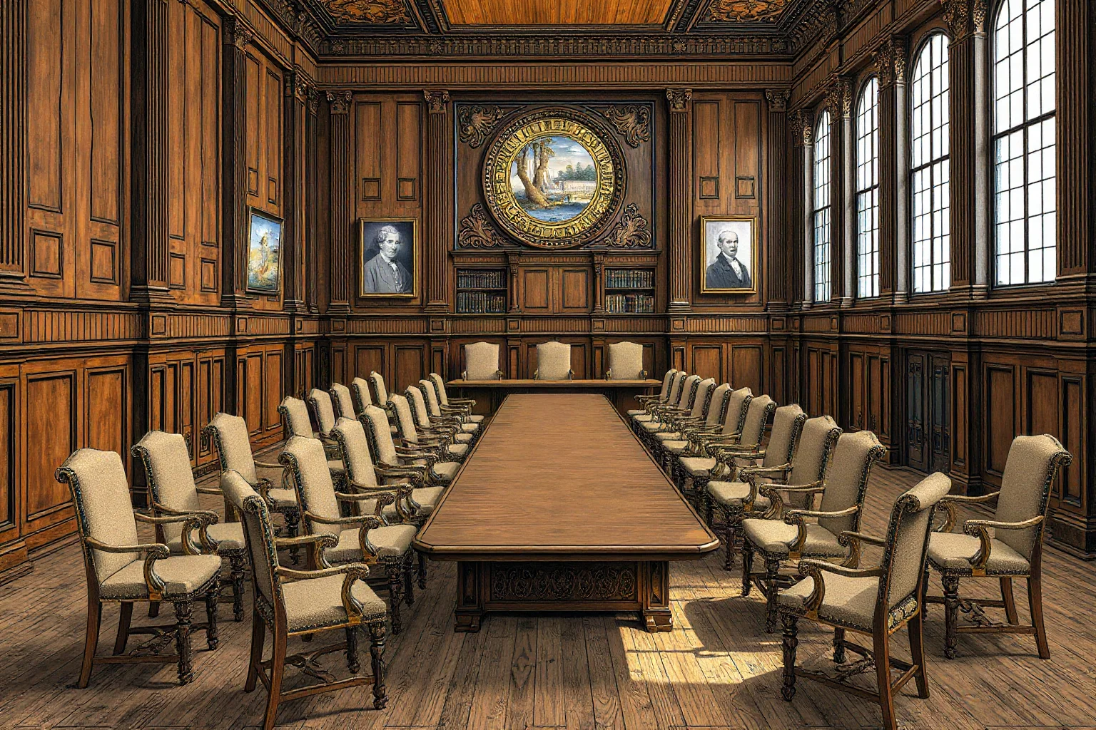 An ornate wood-paneled meeting hall filled with empty chairs around a long table, representing a scientific society, illustration style