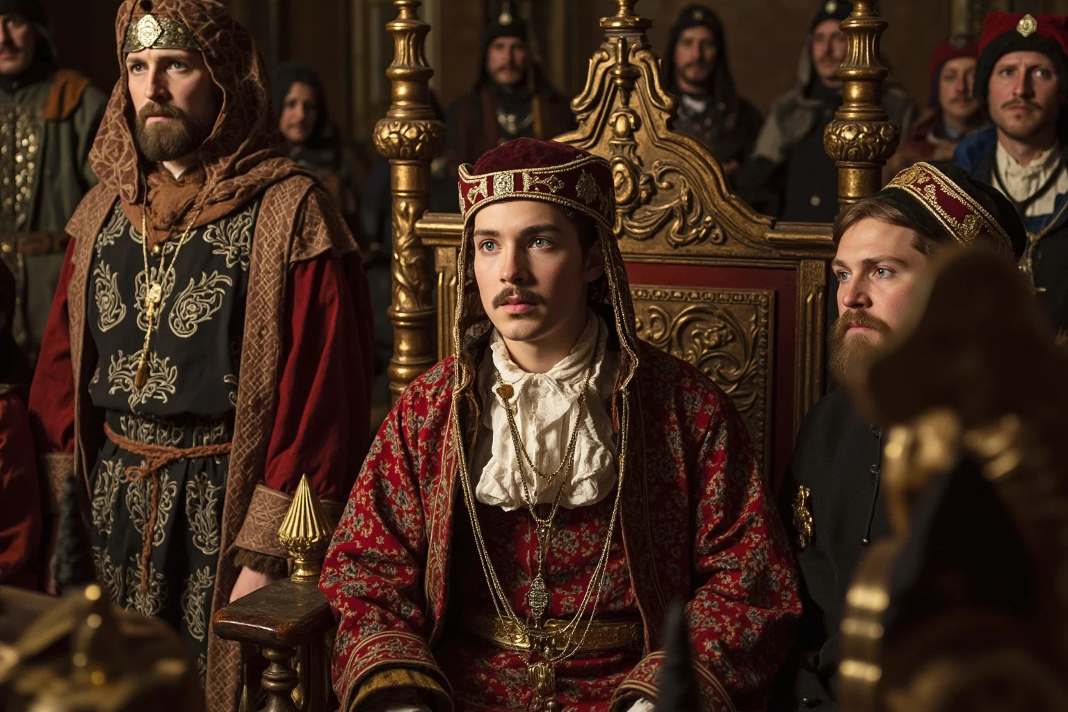 An ornately dressed young man on a Russian imperial throne, surrounded by boyars in traditional dress