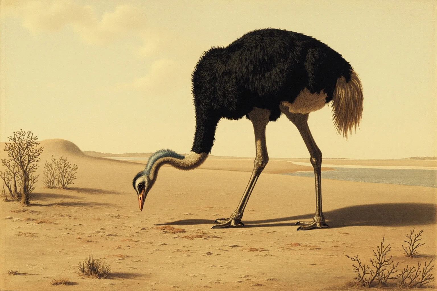 An ostrich in a desert landscape with its head near the sand, illustrating the classic myth
