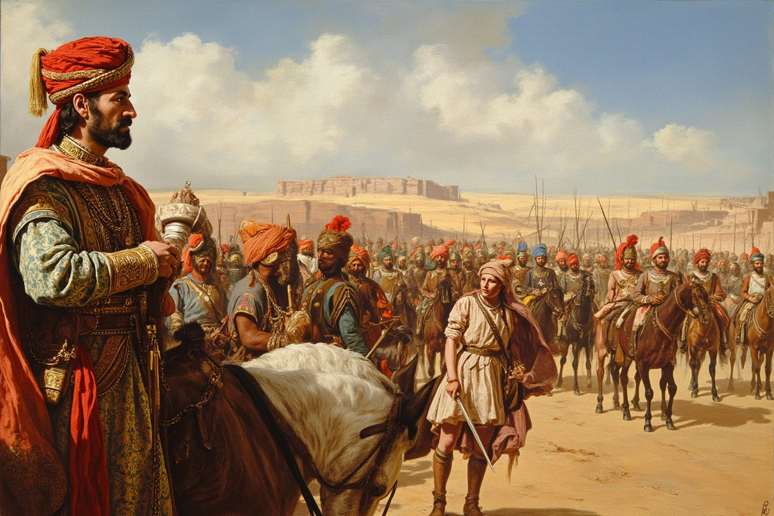 An Ottoman sultan in imperial robes and turban reviewing troops before a desert campaign, illustrative historical painting style