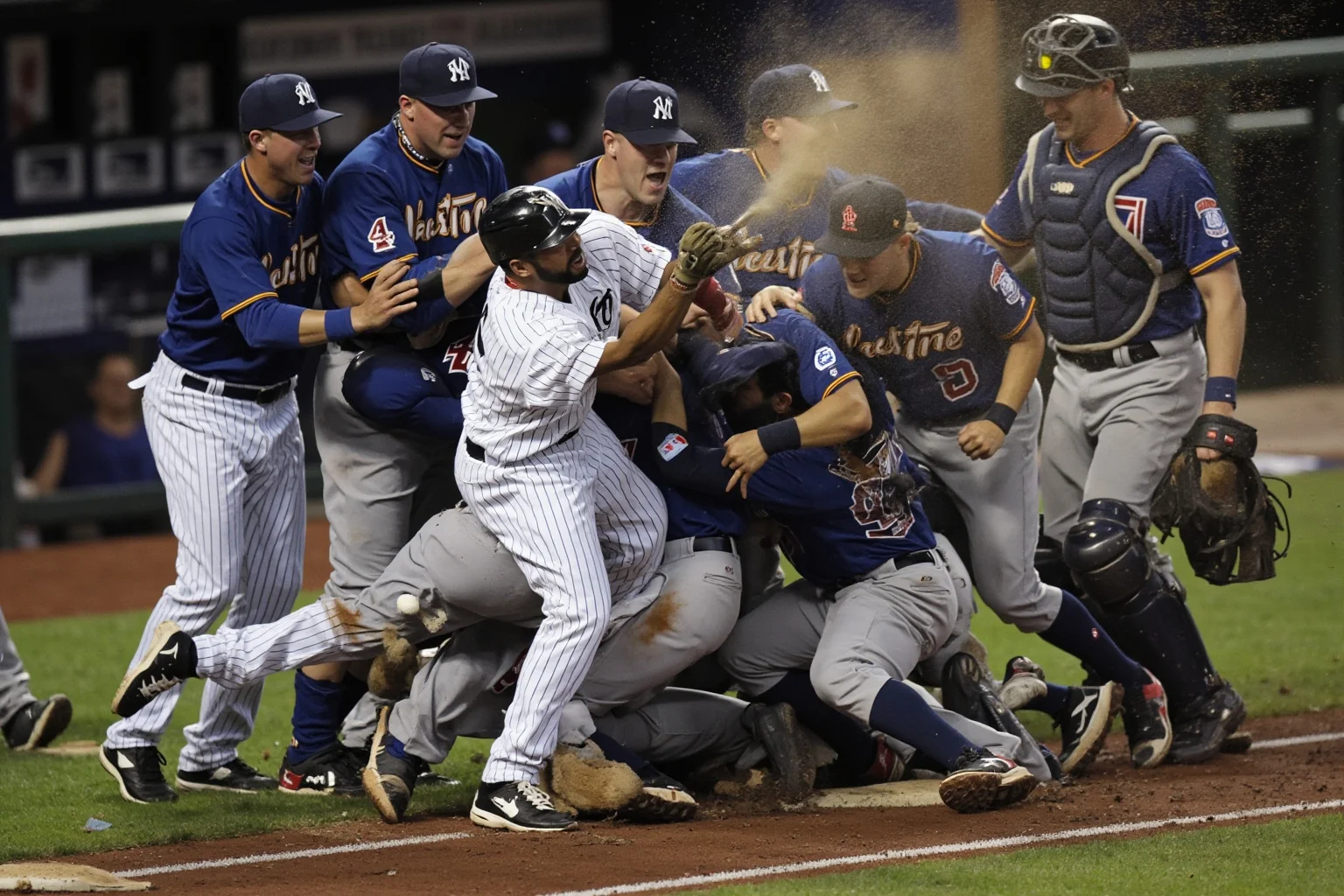 Biggest Brawls In Baseball History 20 An outfielder throwing punches in a large brawl near a dugout as teammates try to pull him back, chaotic scene