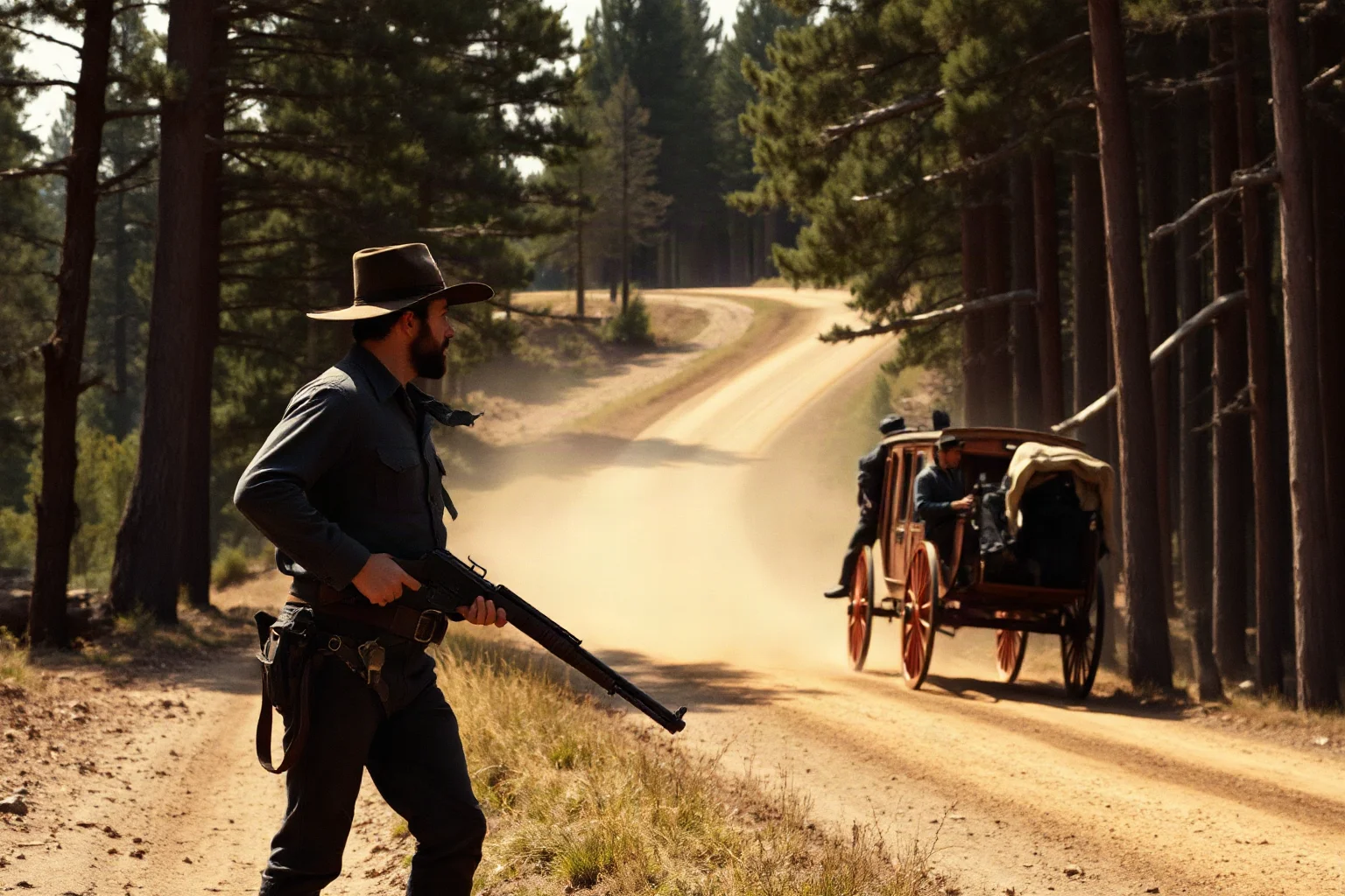 An outlaw robbing a stagecoach on a forest road in the 1870s American West