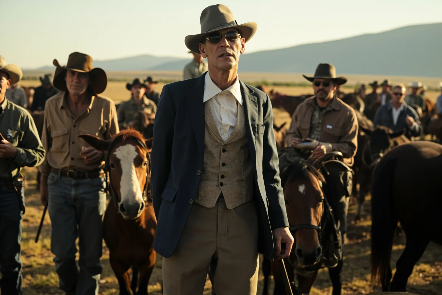 Hilarious Slang Terms From The Wild West 25 An overdressed city visitor in a fancy suit looking out of place among rugged cowboys at a ranch