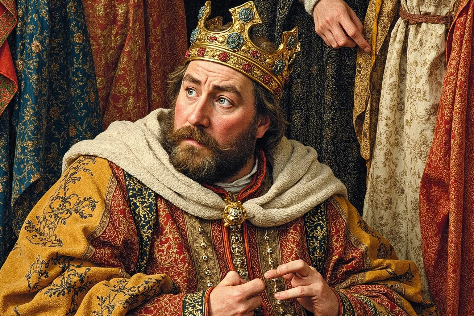 An overweight Carolingian-era king in royal robes looking wearied, medieval tapestry art style