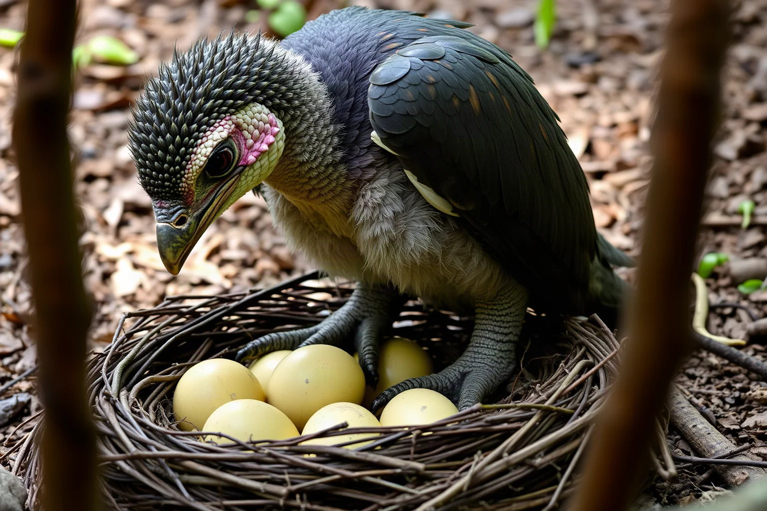 An Oviraptor with a short parrot-like beak brooding over a nest of eggs
