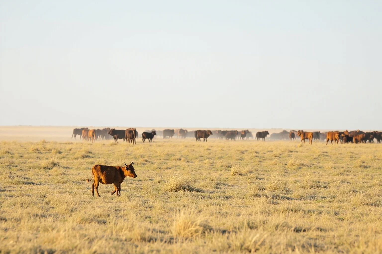 Hilarious Slang Terms From The Wild West 26 An unbranded calf wandering alone across an open range with cattle herds visible in the distance