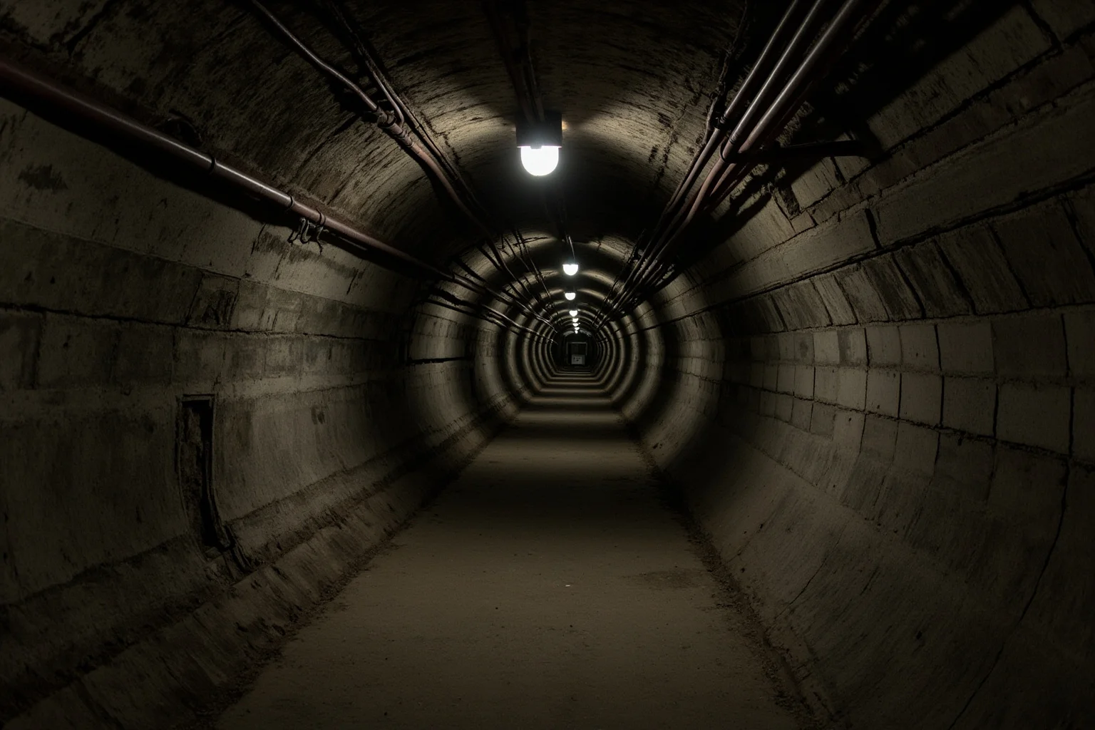 An underground concrete tunnel with exposed cables and dim work lights, evoking a secret Cold War listening tunnel beneath a divided city