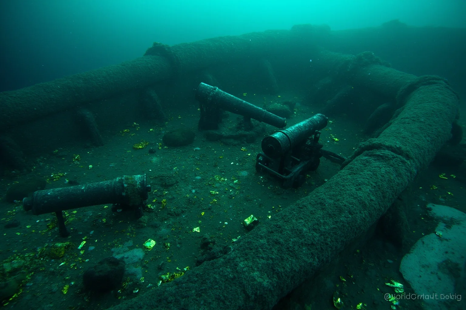 Missing Legendary Treasures That Are Yet to Be Found 12 An underwater shipwreck scene with cannons and scattered gold and emerald fragments on the ocean floor