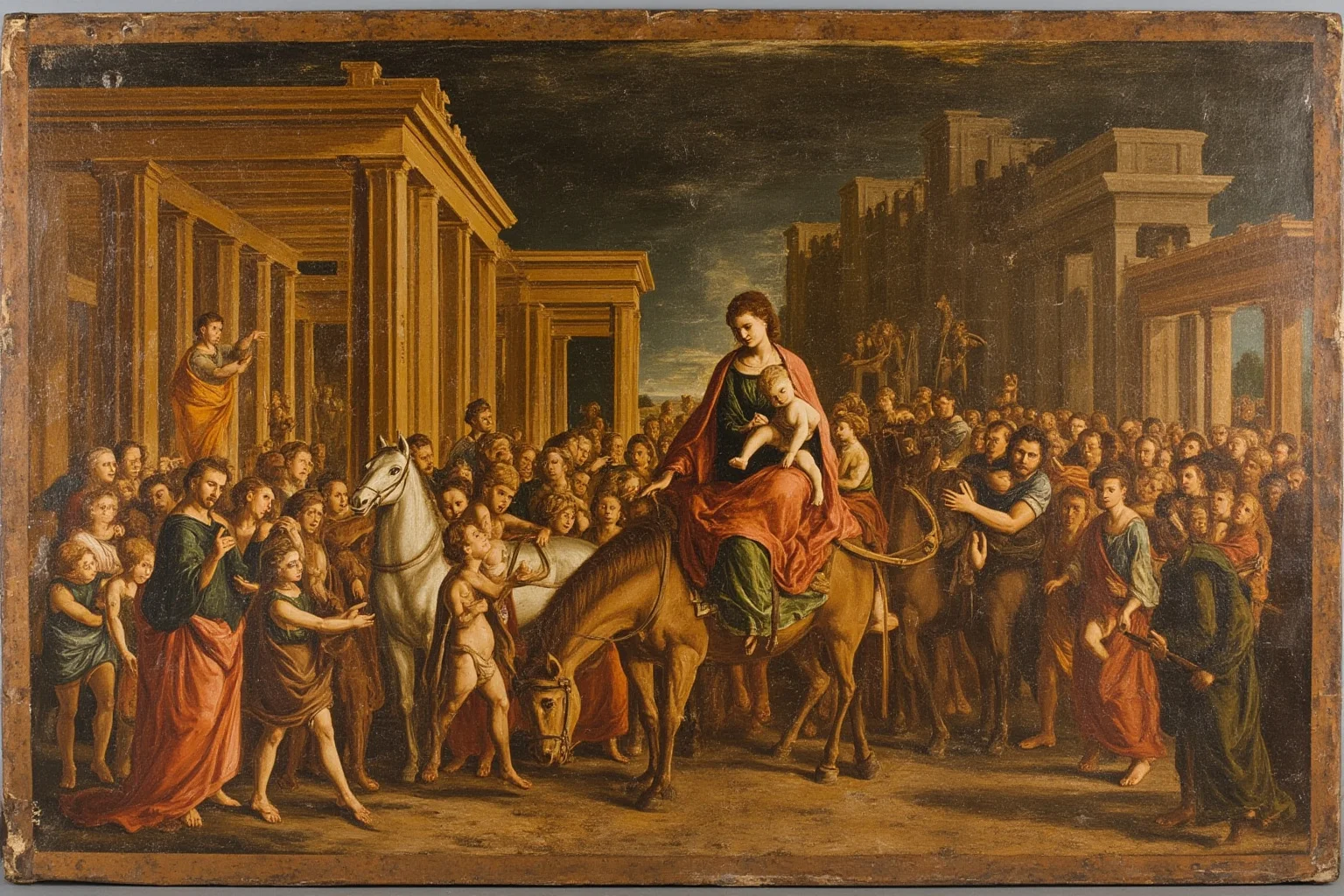 An unfinished Renaissance panel showing a crowd of figures and horses surrounding a seated mother and child amid ruins, brownish underpainting