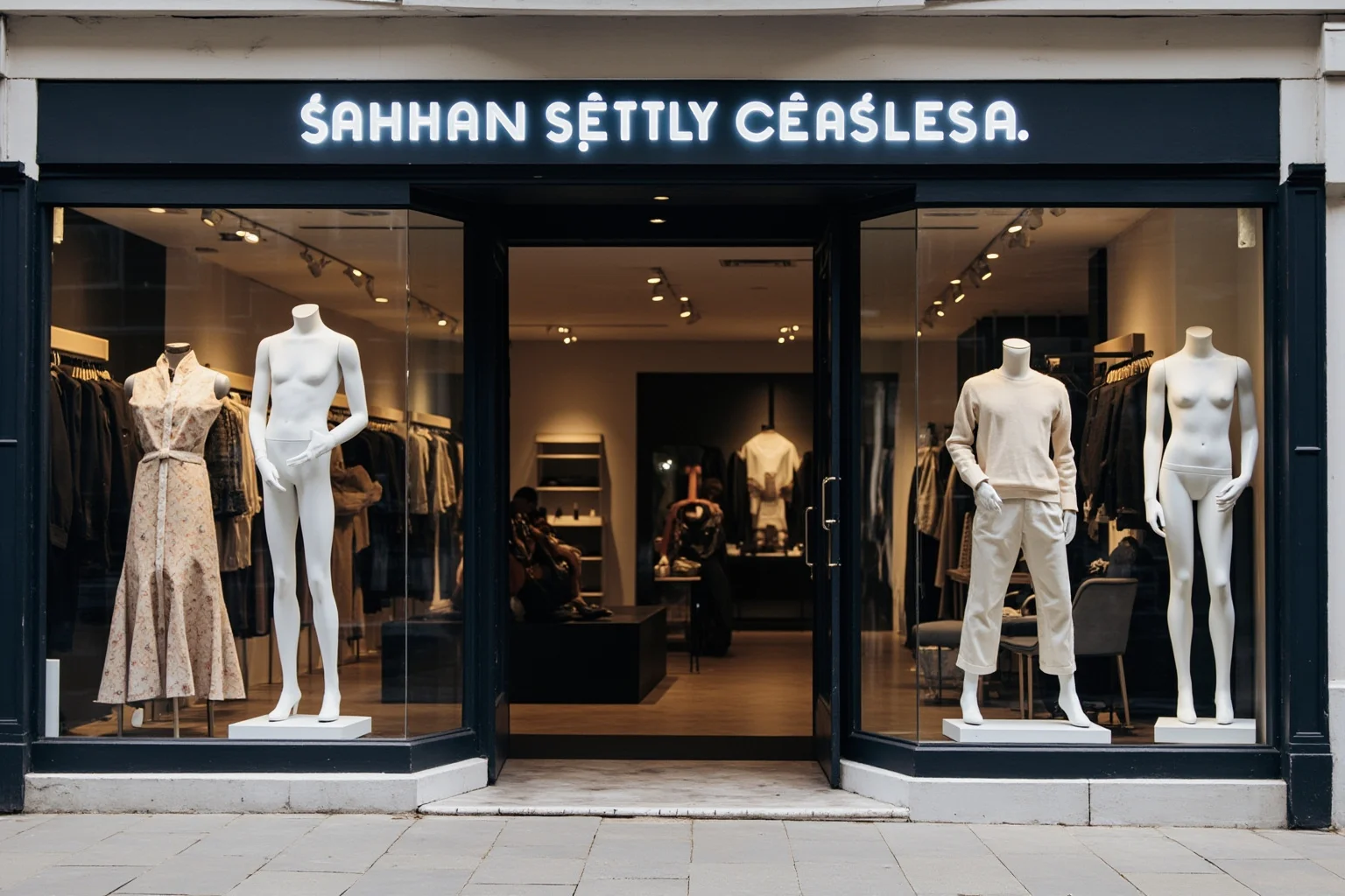 An upscale but empty luxury clothing boutique storefront with bare mannequins in the window