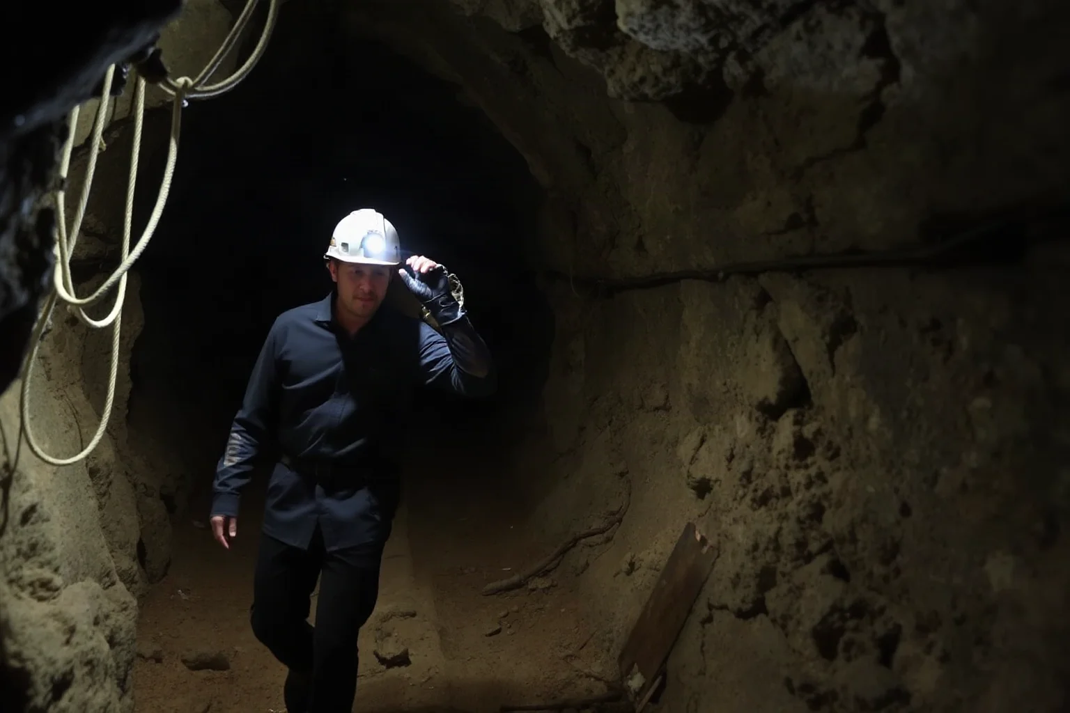 An urban explorer with headlamp navigating through an unmapped, unlit quarry tunnel deep beneath Paris