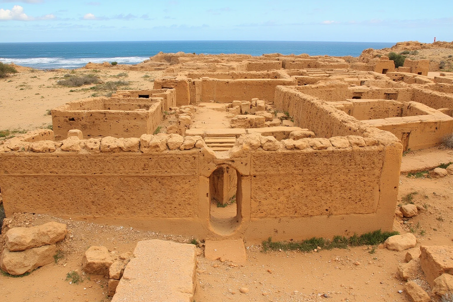 Ancient adobe city of Chan Chan with intricate wall carvings under a coastal desert sky