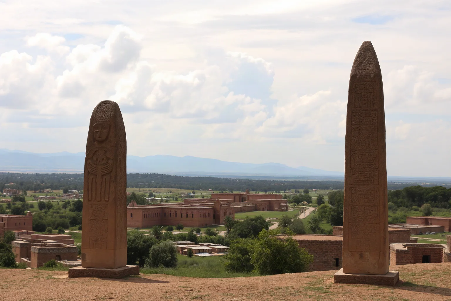 Ancient Aksumite carved stone obelisks (stelae) standing in a highland African city