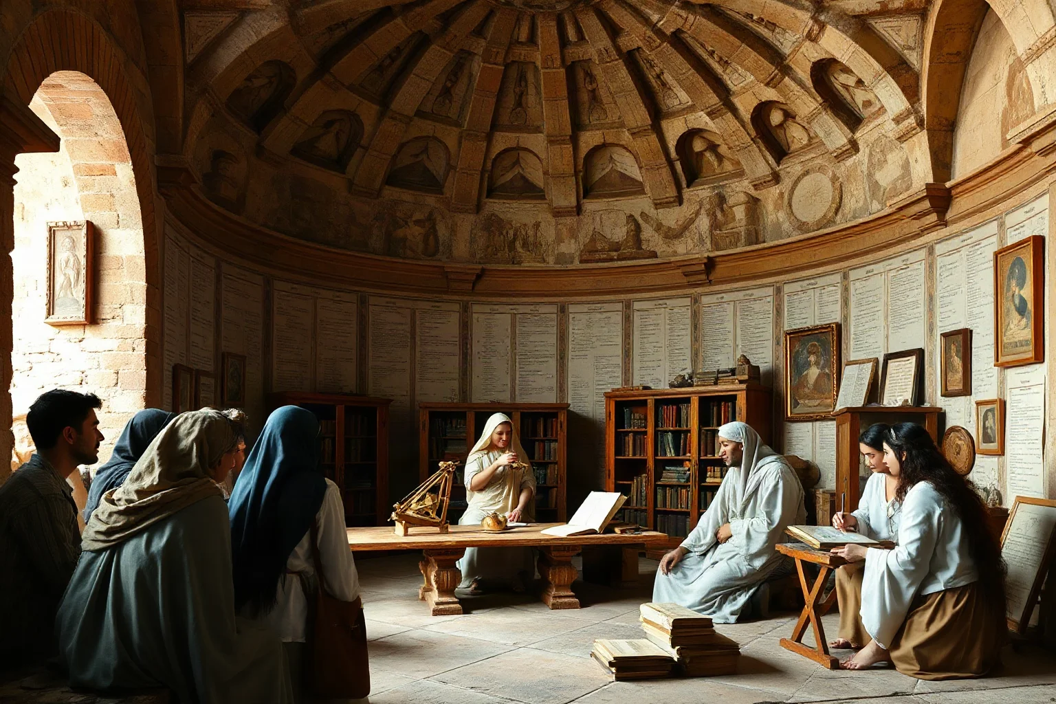 Ancient Alexandria library with female scholar teaching astronomy and mathematics, astrolabes and astronomical instruments, students gathered around
