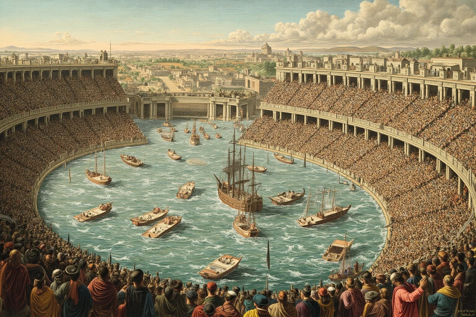 Ancient arena flooded with water for a staged mock naval battle, historical illustration