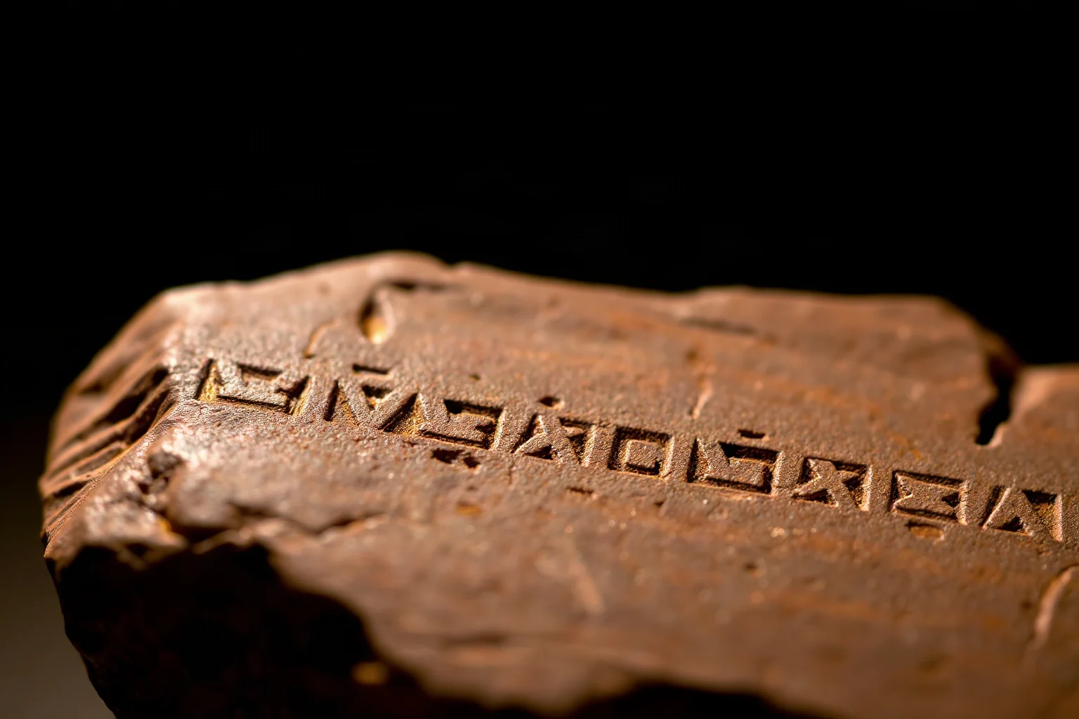 Close-up of a small piece of ochre stone with deliberate cross-hatched geometric patterns engraved into its surface, ancient artifact lighting