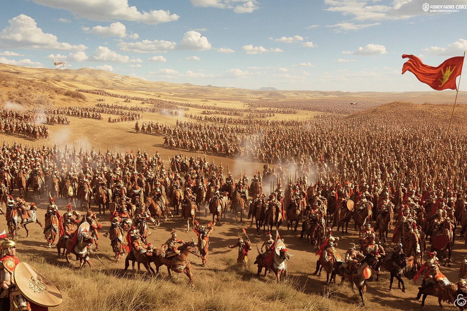 Ancient battle scene with Macedonian phalanx troops and cavalry facing a Persian army on an open plain, illustrated style