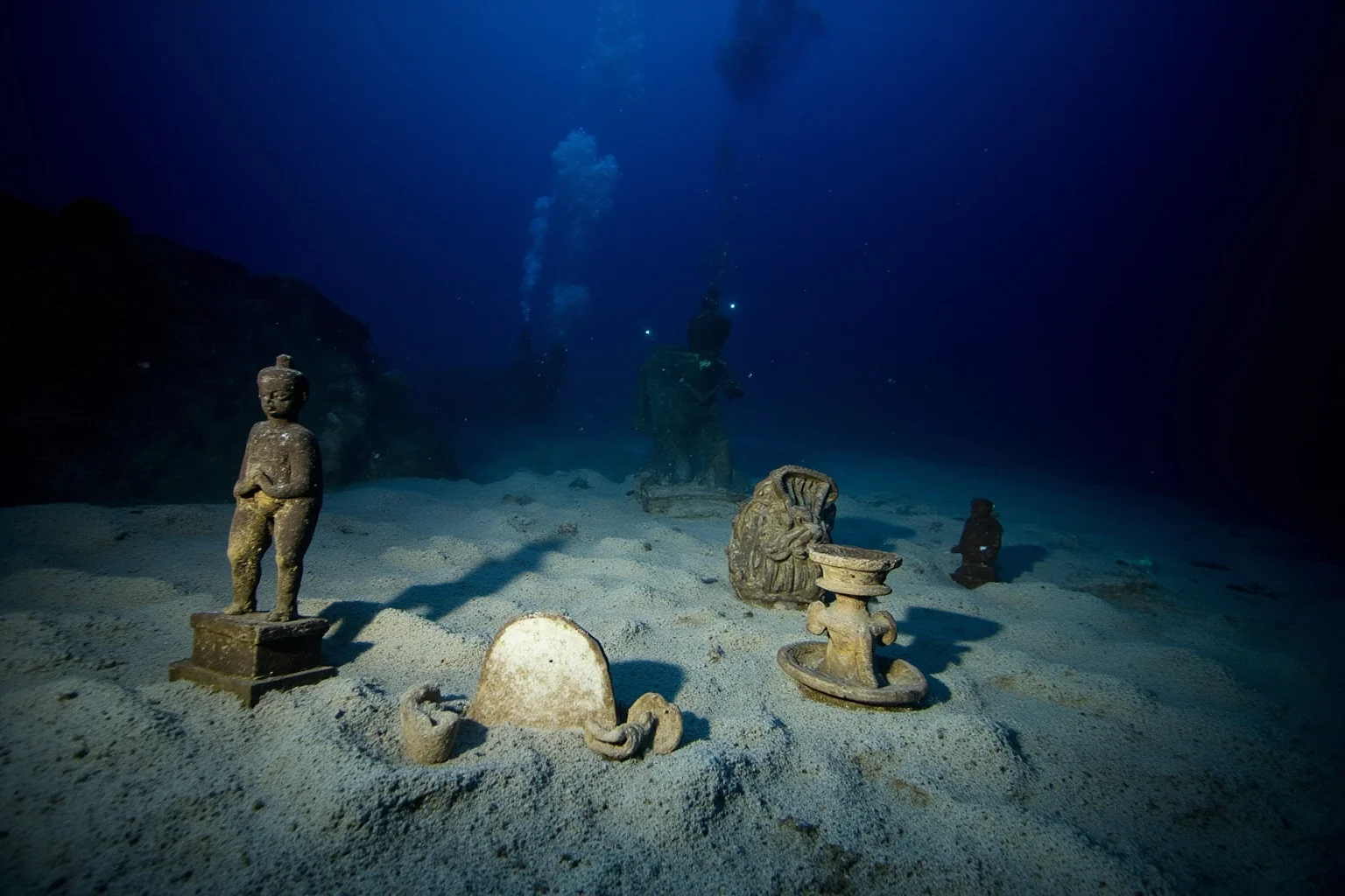 22 Ocean Mysteries We Still Haven't Solved 10 Ancient bronze shipwreck artifacts and statues scattered on a sandy seafloor illuminated by divers' lights