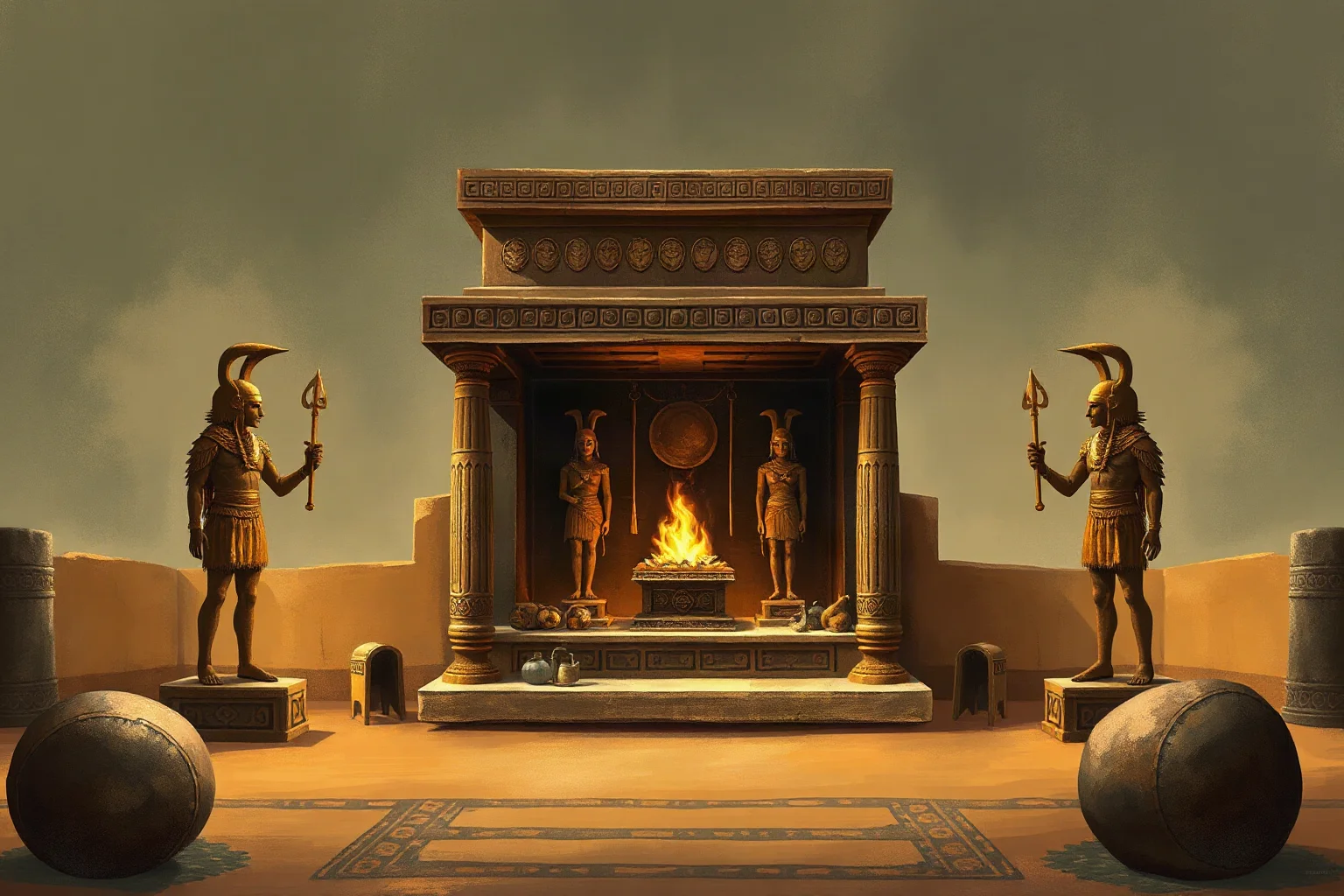 Ancient Canaanite altar and idols in a Bronze Age Levantine village setting, illustrative style