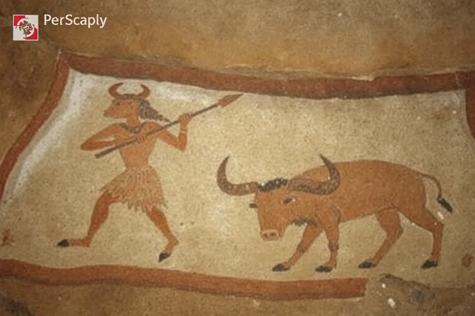 Ancient cave painting depicting therianthropic figures (part-human, part-animal creatures) hunting wild pigs and buffalo with spears