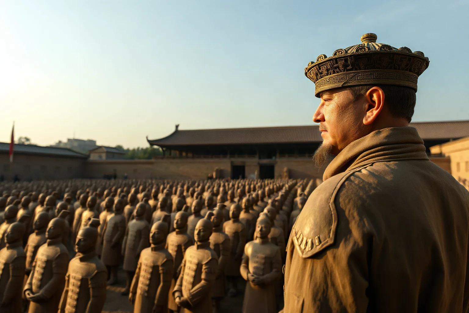 Ancient Chinese emperor overlooking rows of terracotta soldier statues