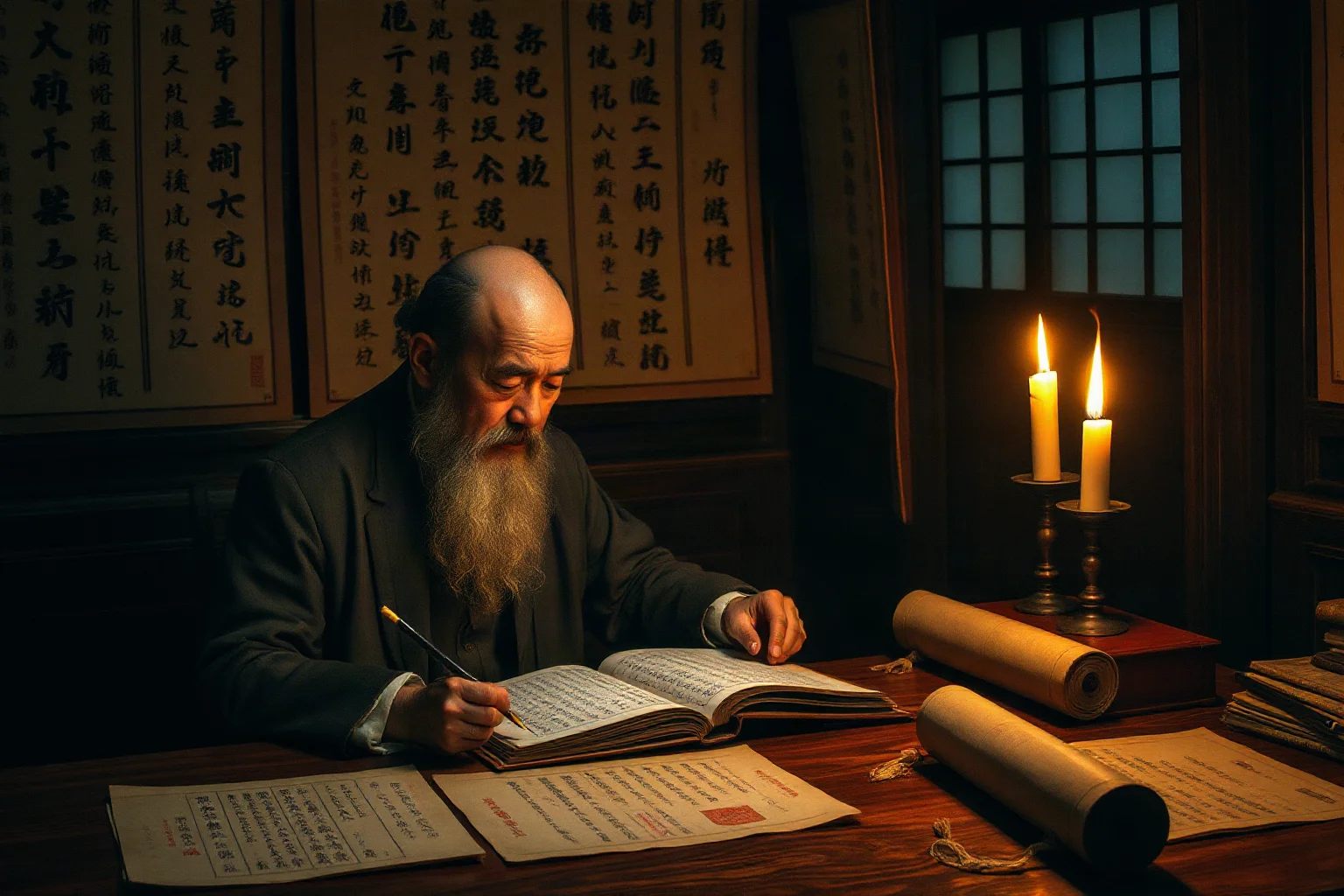 Ancient Chinese historian writing meticulously with a brush at a candlelit desk full of scrolls