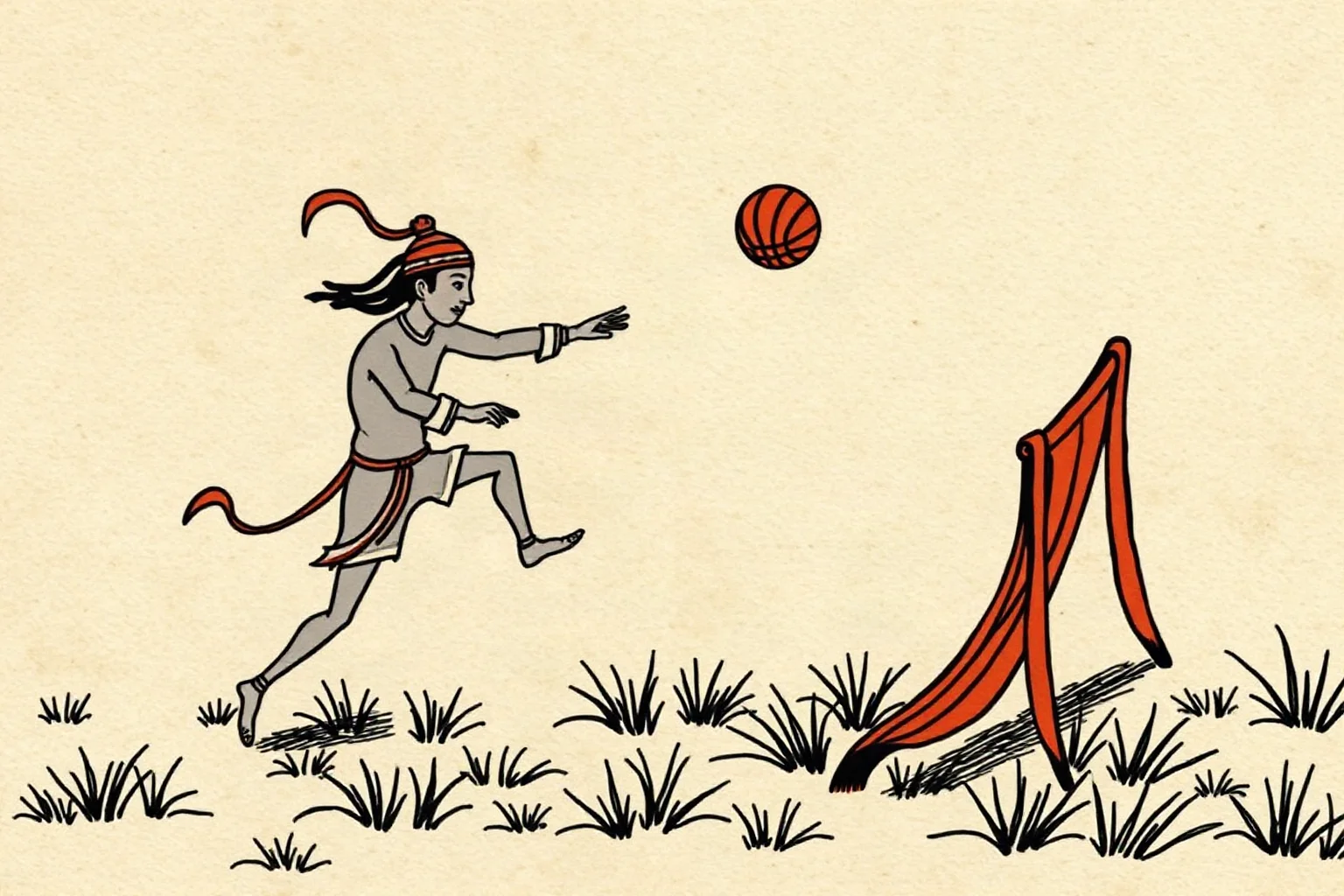 Ancient Chinese illustration of a figure kicking a leather ball through a raised goal, Han dynasty style
