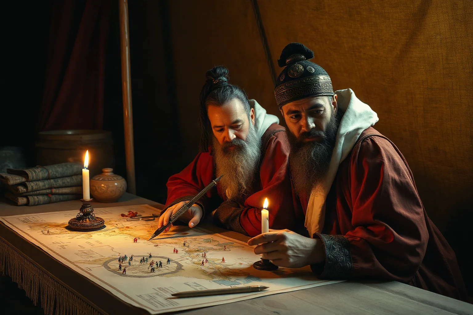 Ancient Chinese military strategist studying a battle map by candlelight in a war tent