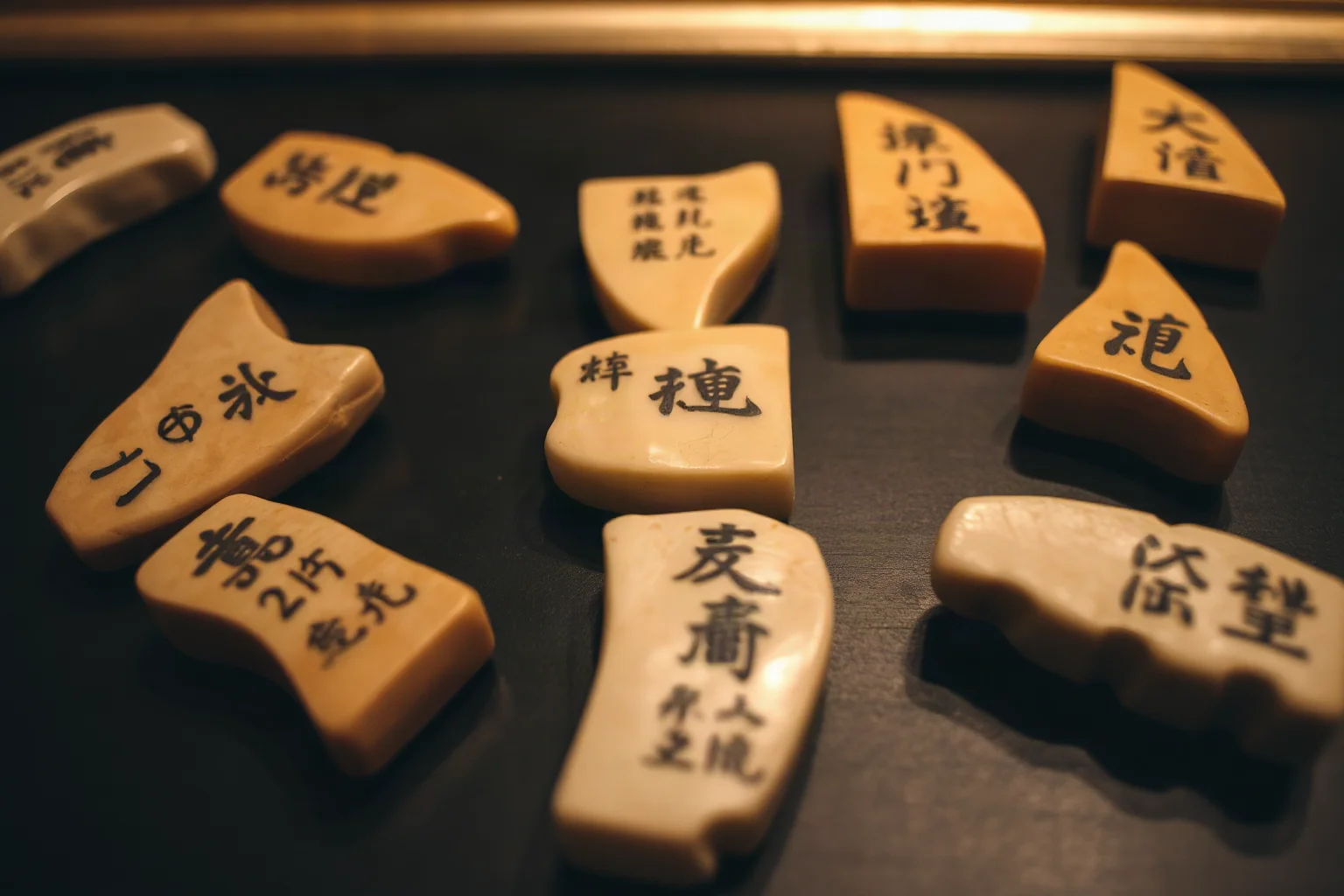 Ancient Chinese oracle bones with inscribed divination symbols and characters, arranged on a dark surface with warm lighting