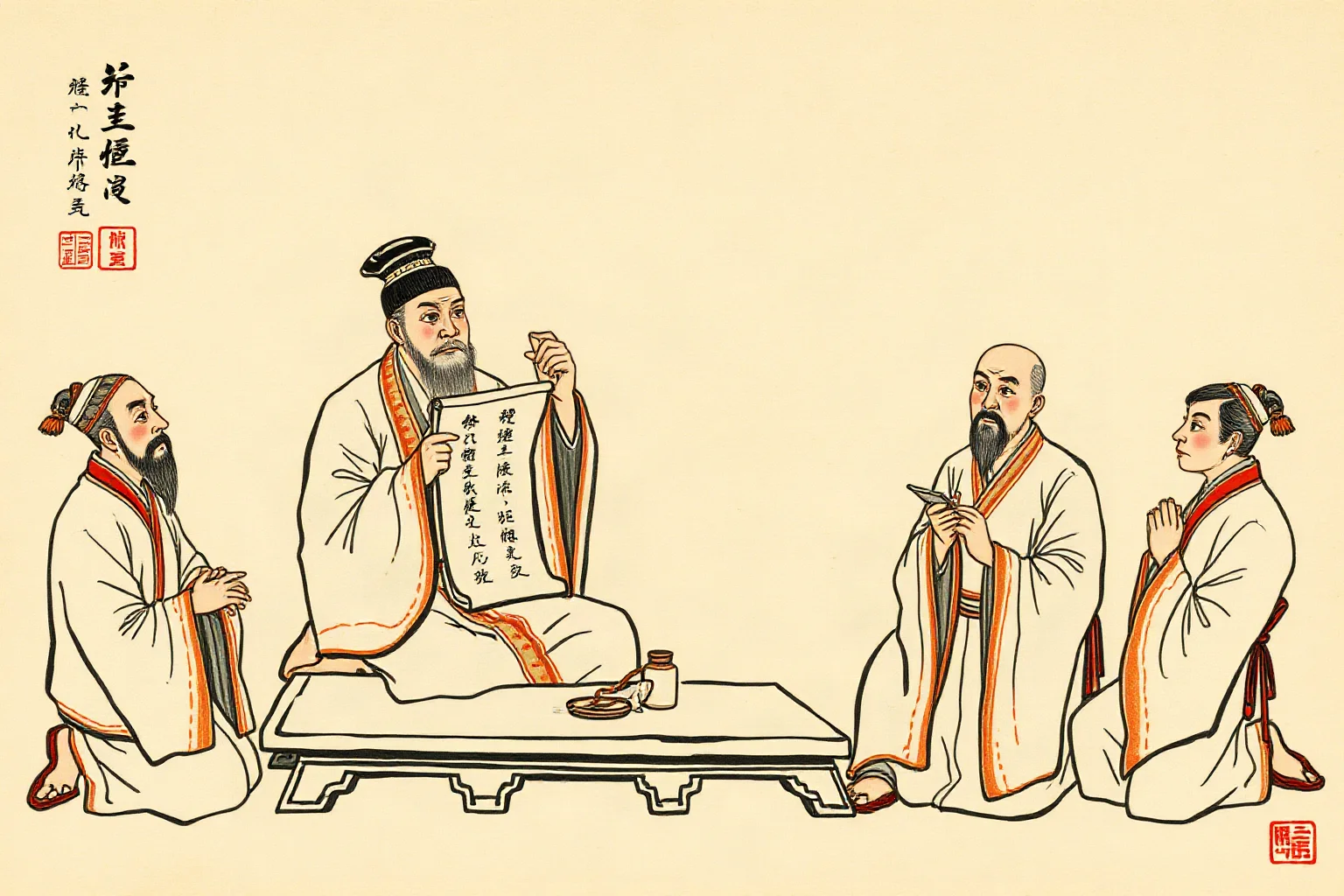 Ancient Chinese philosopher and teacher seated with scrolls, students listening respectfully, traditional ink-painting style