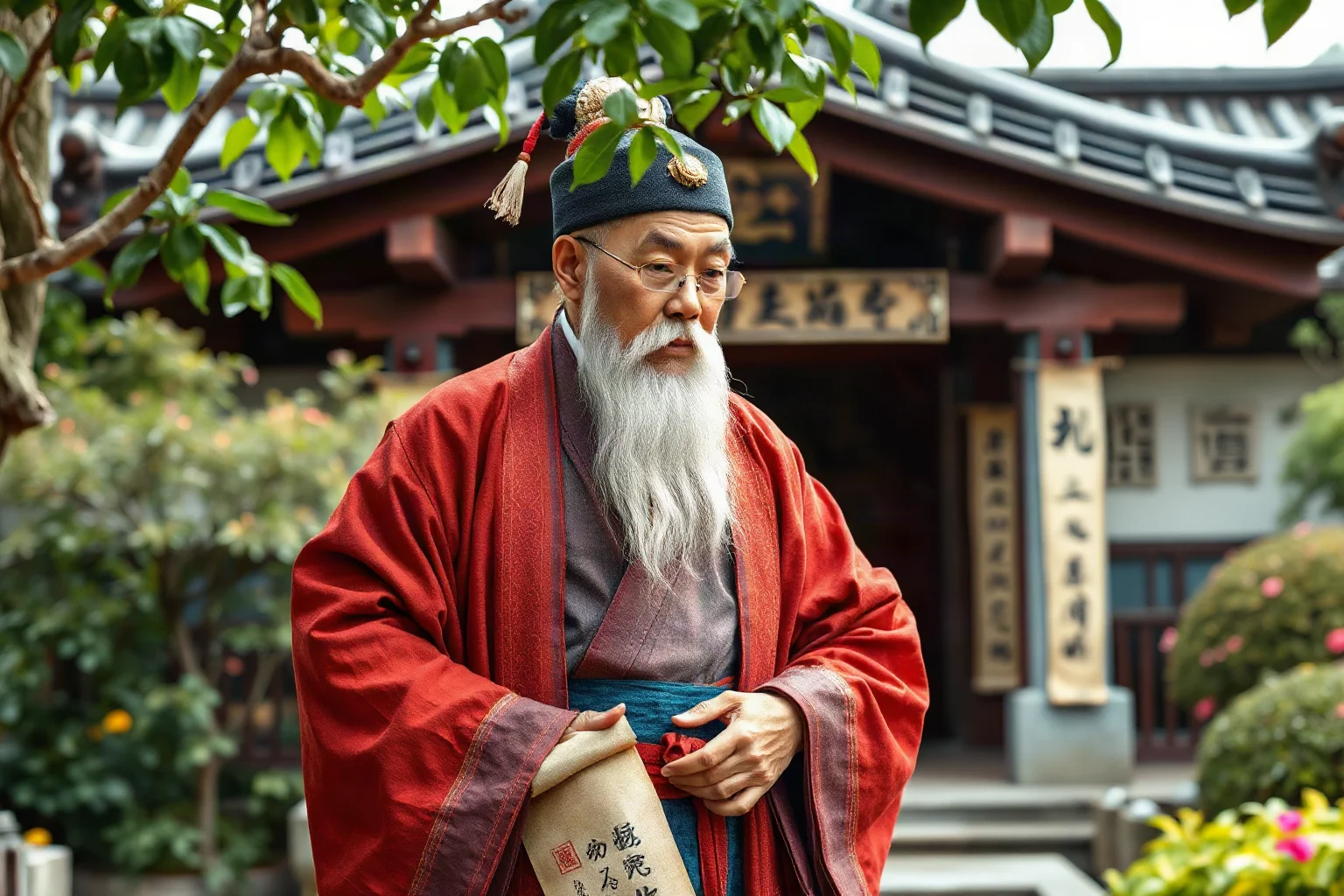 Ancient Chinese philosopher in traditional robes, classical calligraphy and scrolls, peaceful garden