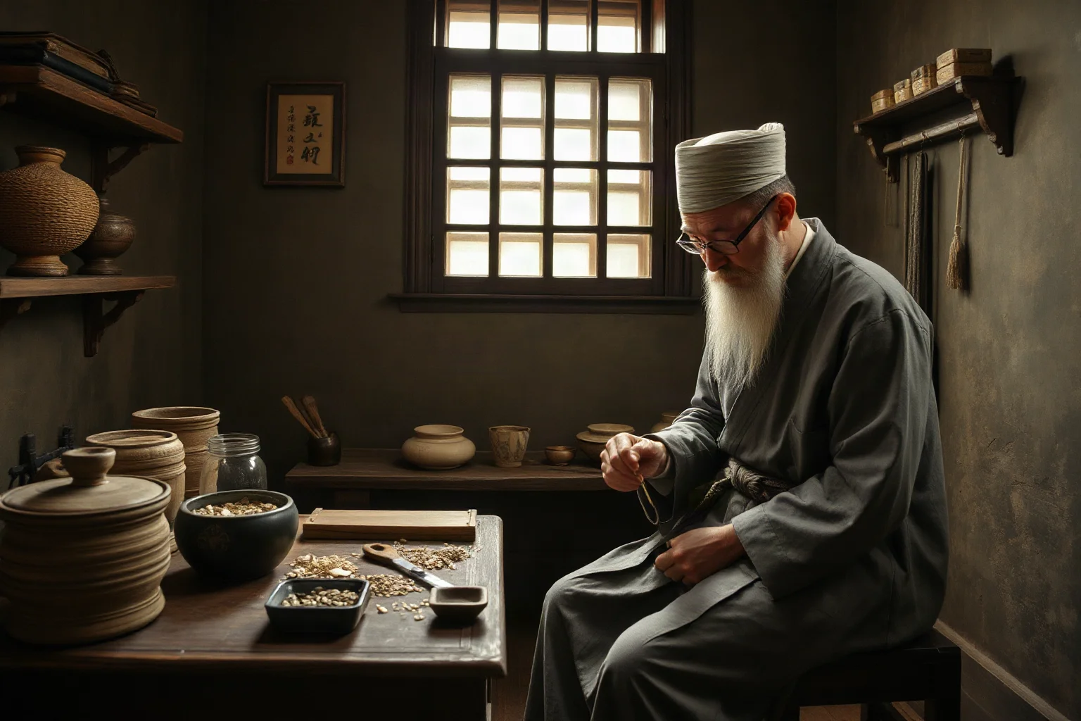 Ancient Chinese physician preparing herbal medicine and surgical tools in a modest clinic