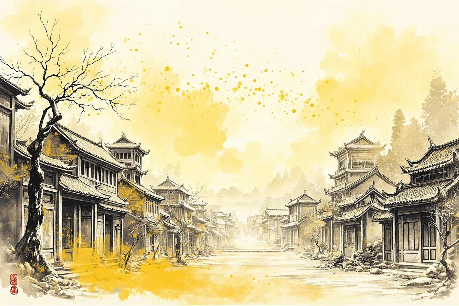 Why The Year 536 May Have Been The Worst Year In History 14 Ancient Chinese village with yellow dust falling from the sky like snow, traditional ink-style illustration
